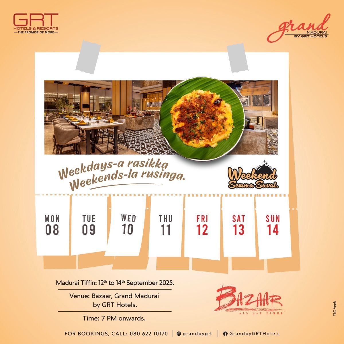 Creative promoting weekend feast at Grand Madurai's Bazaar Restaurant. It also features a calendar with an image of restaurant and a dish which will be served on 12th, 13th, and 14th September 2025. 