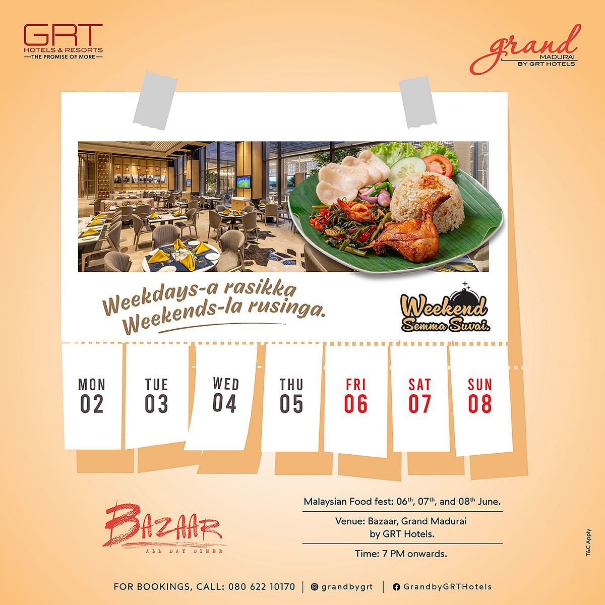 Promotional poster for Malaysian Food Fest at Bazaar, Grand Madurai by GRT Hotels featuring traditional Malaysian dishes, vibrant restaurant interiors, and event details