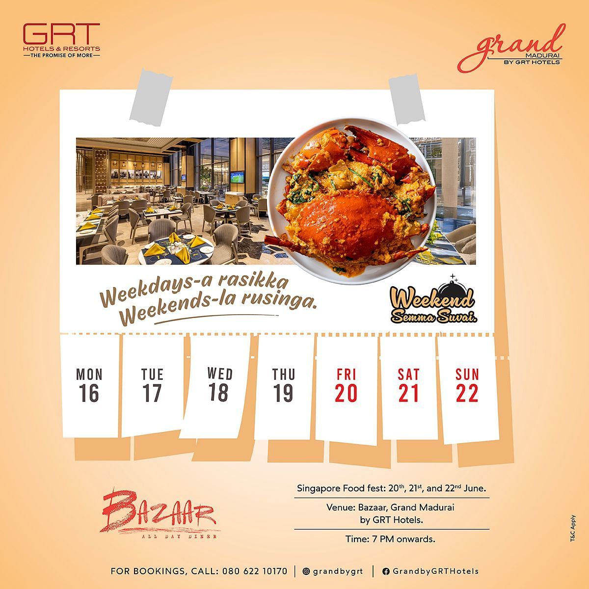 Creative promoting Singapore Food Fest at Bazaar, Grand Madurai by GRT Hotels with event dates, vibrant imagery.