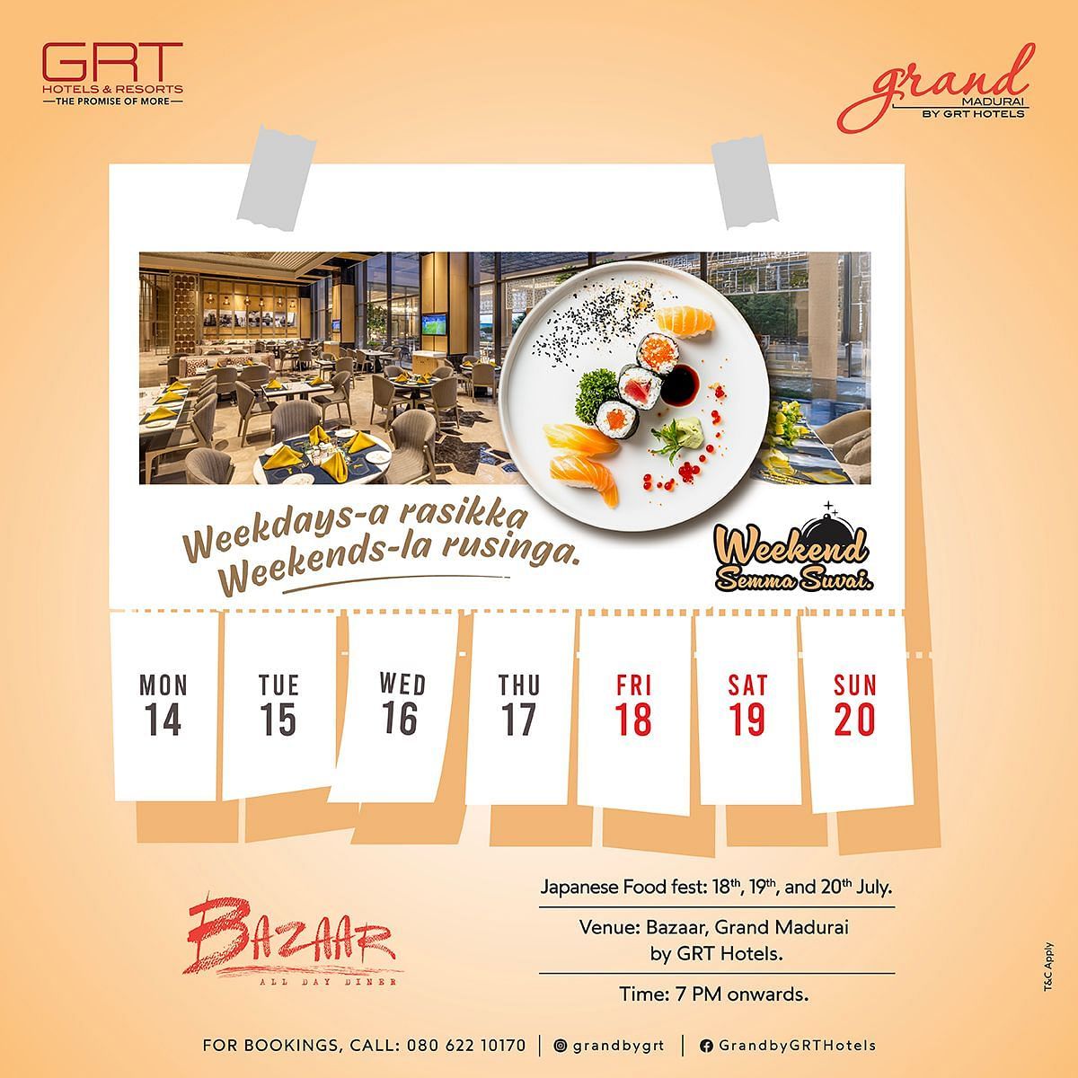 Promotional banner for The GReaT Japanese Food Feast at Bazaar, Grand Madurai, with festival dates and venue details in a minimal aesthetic design.