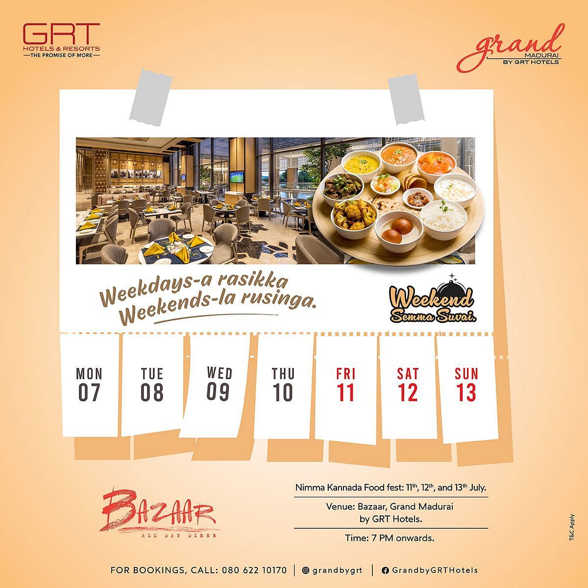 Promotional banner for The GReaT Kannada Food Feast at Bazaar, Grand Madurai by GRT Hotels, featuring a traditional South Indian thali and restaurant interior.
