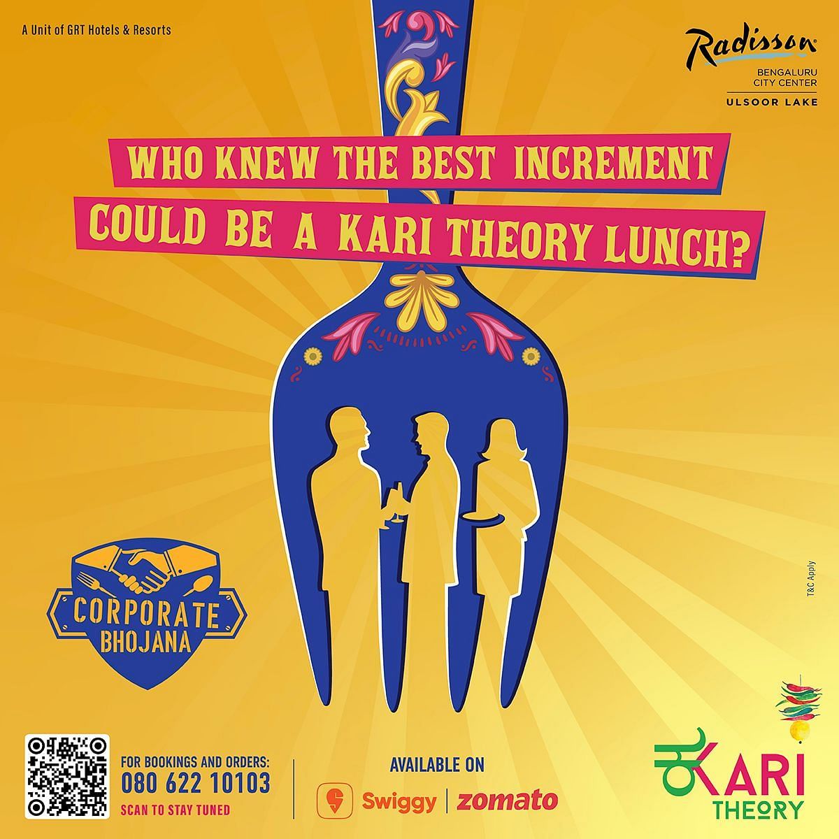 Promotional poster for Kari Theory's Corporate Bhojana lunch offer at Radisson Bengaluru City Center, featuring booking details and Swiggy/Zomato availability