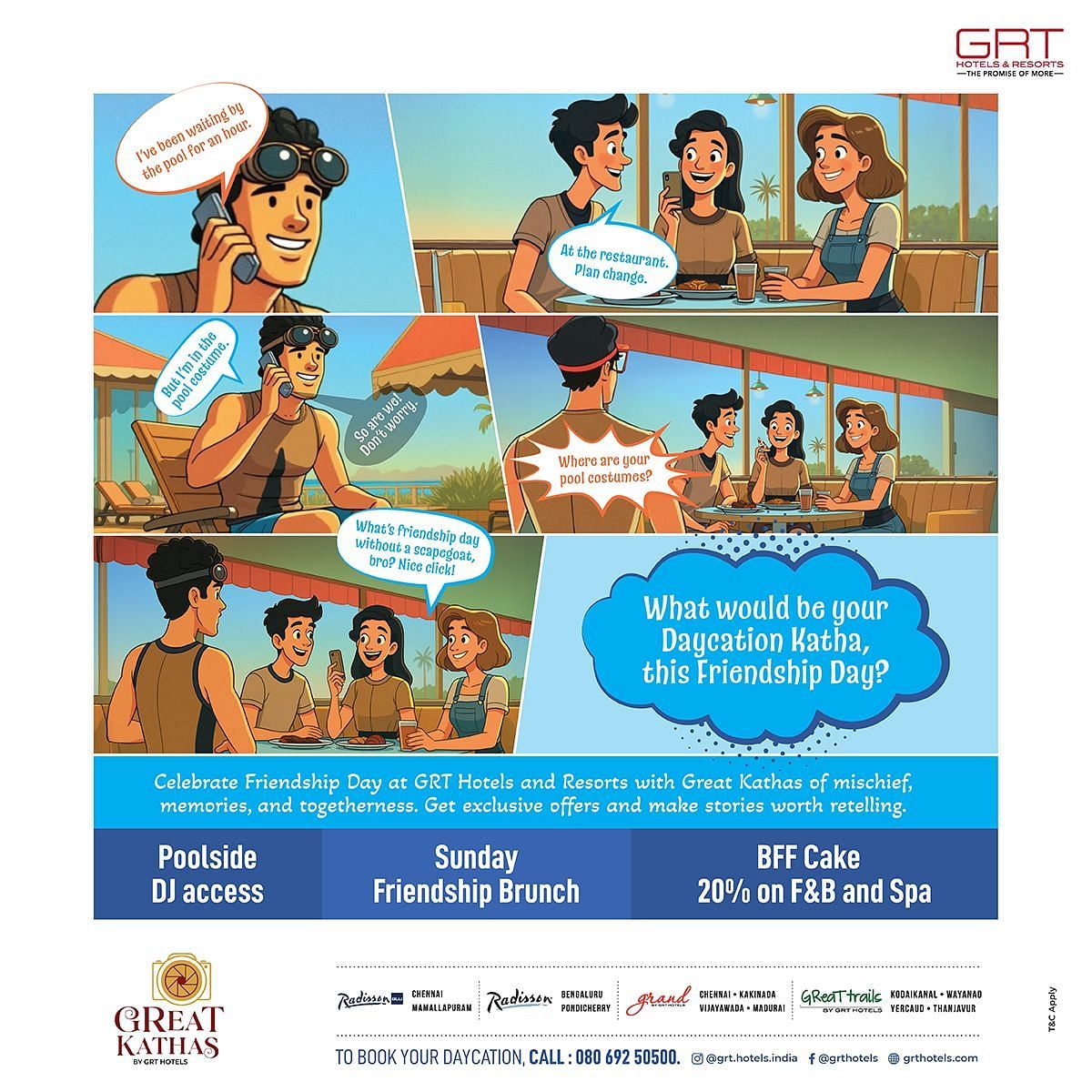 Poster of Friendship Day titled GReaT Kathas Daycation at GRT Hotels and Resorts in comic style, showing friends enjoying poolside fun, brunch, and spa deals with playful conversations