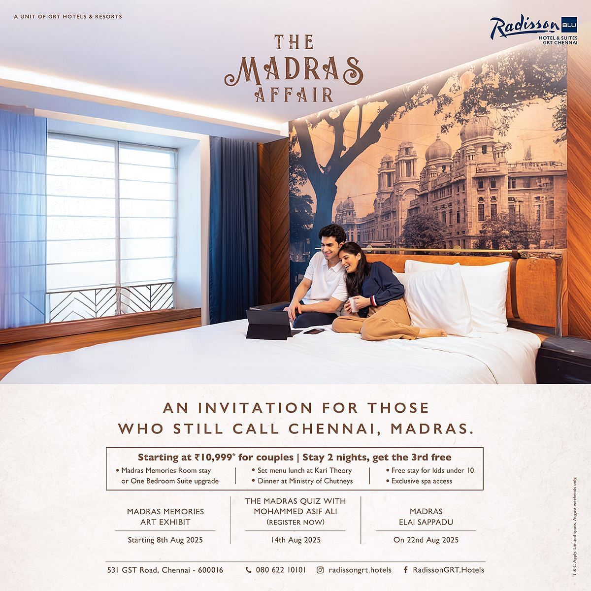 Promotional creative for Radisson Blu’s ‘The Madras Affair’ room package, featuring a couple enjoying a luxury stay.