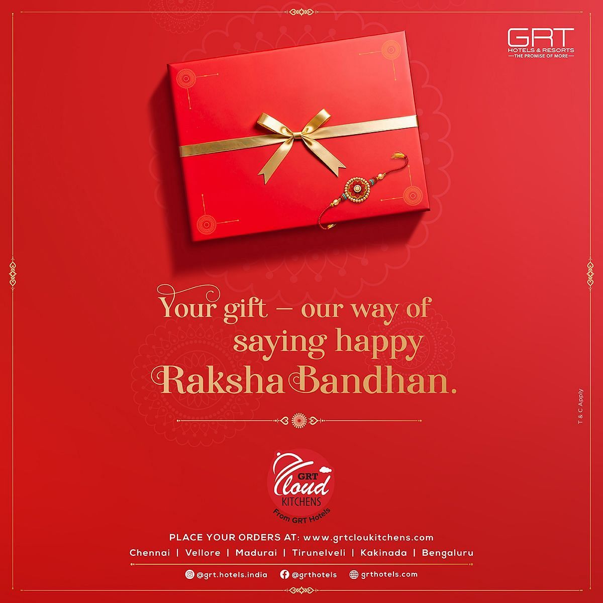 Red gift box with gold ribbon and Rakhi symbolizing GRT Cloud Kitchens' festive Raksha Bandhan offer across multiple cities in India.