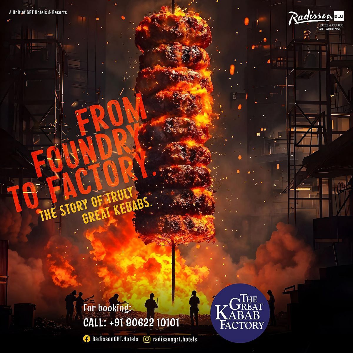 Poster of  a Fiery skewer of kebabs in an industrial foundry setting with bold text “From Foundry to Factory – The Story of Truly Great Kebabs” for The Great Kabab Factory.