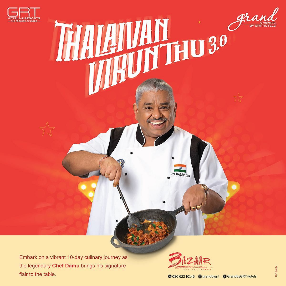 Red creative banner featuring Chef Damu in white uniform cooking in a pan, advertising Thalaivan Virunthu 3.0 at Bazaar, Grand Chennai by GRT Hotels.