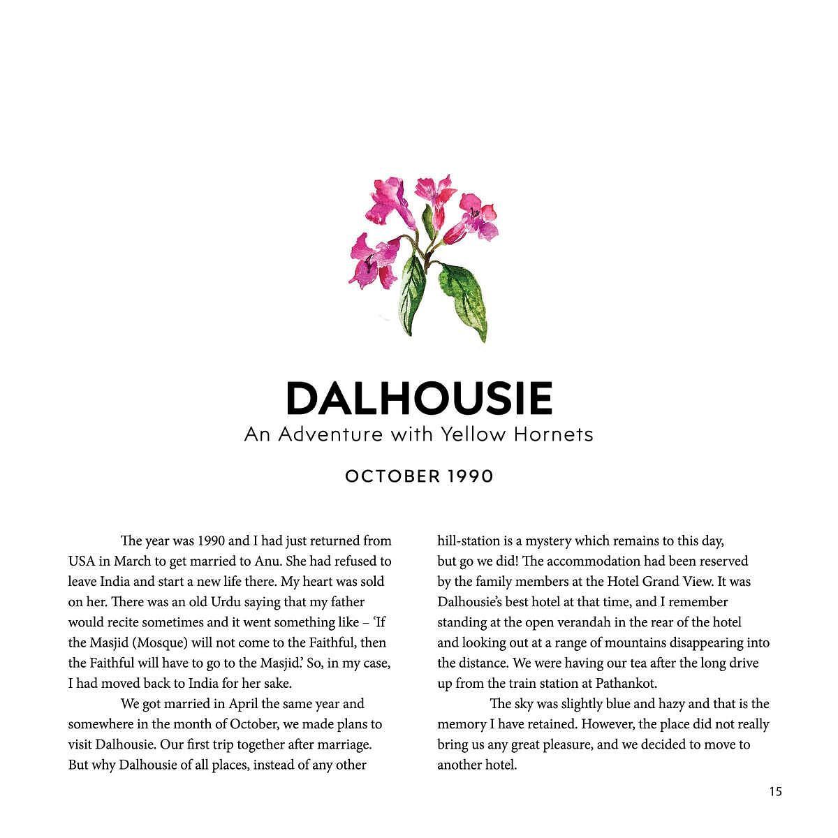 Illustrated page titled Dalhousie: An Adventure with Yellow Hornets, dated October 1990, with a pink flower and text describing a couple's trip.