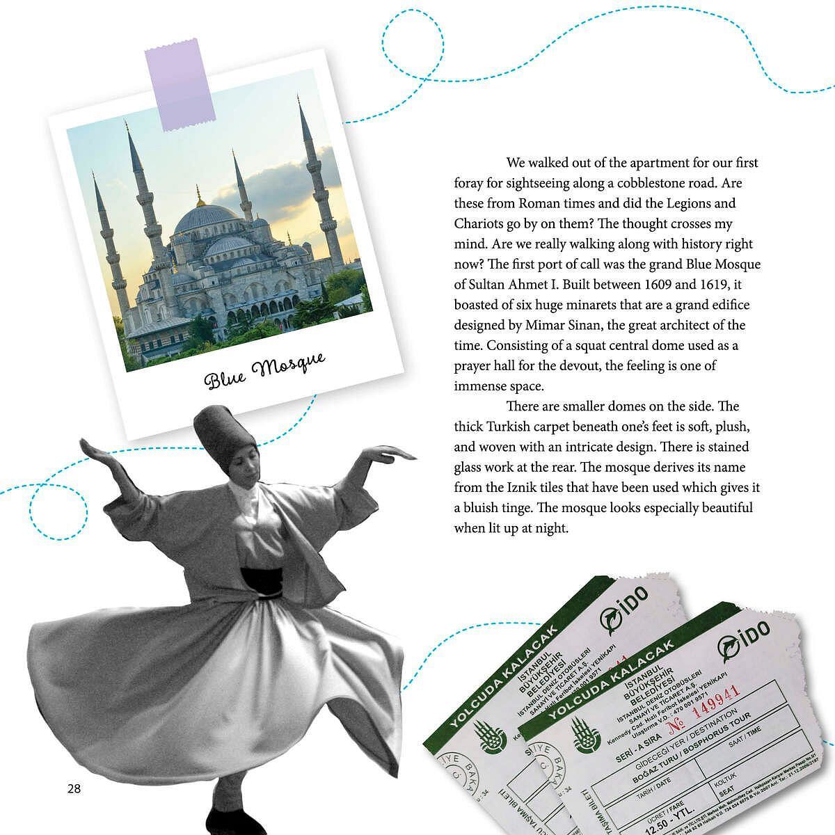 Polaroid of the Blue Mosque, a whirling dervish in motion, ferry tickets, and travel notes about the mosque’s history and interior design.