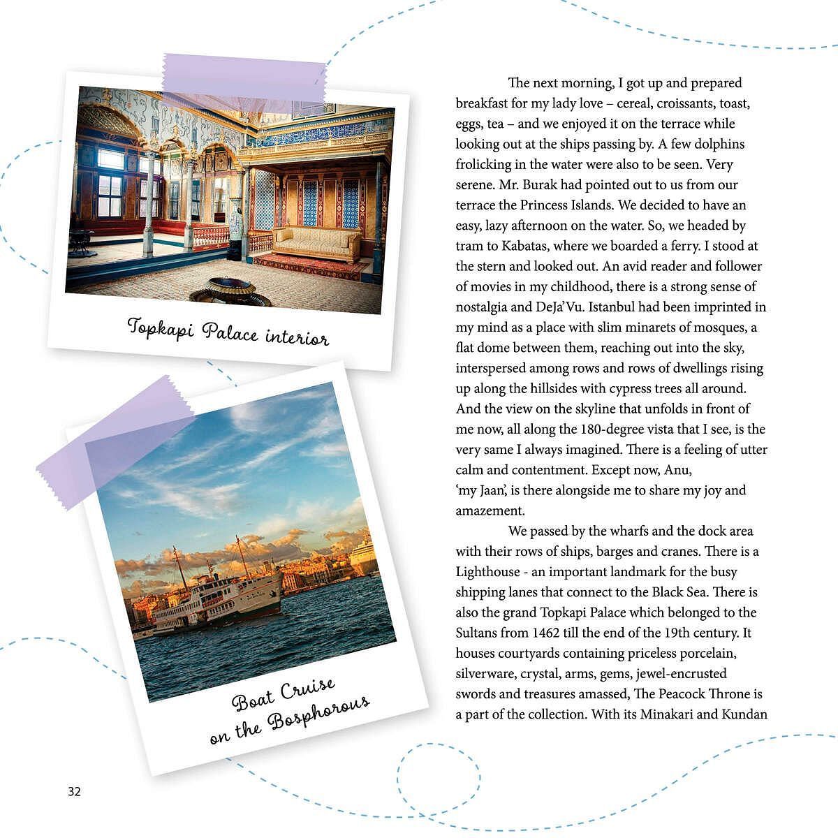 Photos of Topkapi Palace interior and Bosphorus view during sunset displayed in a travel journal at Karma Chalets.