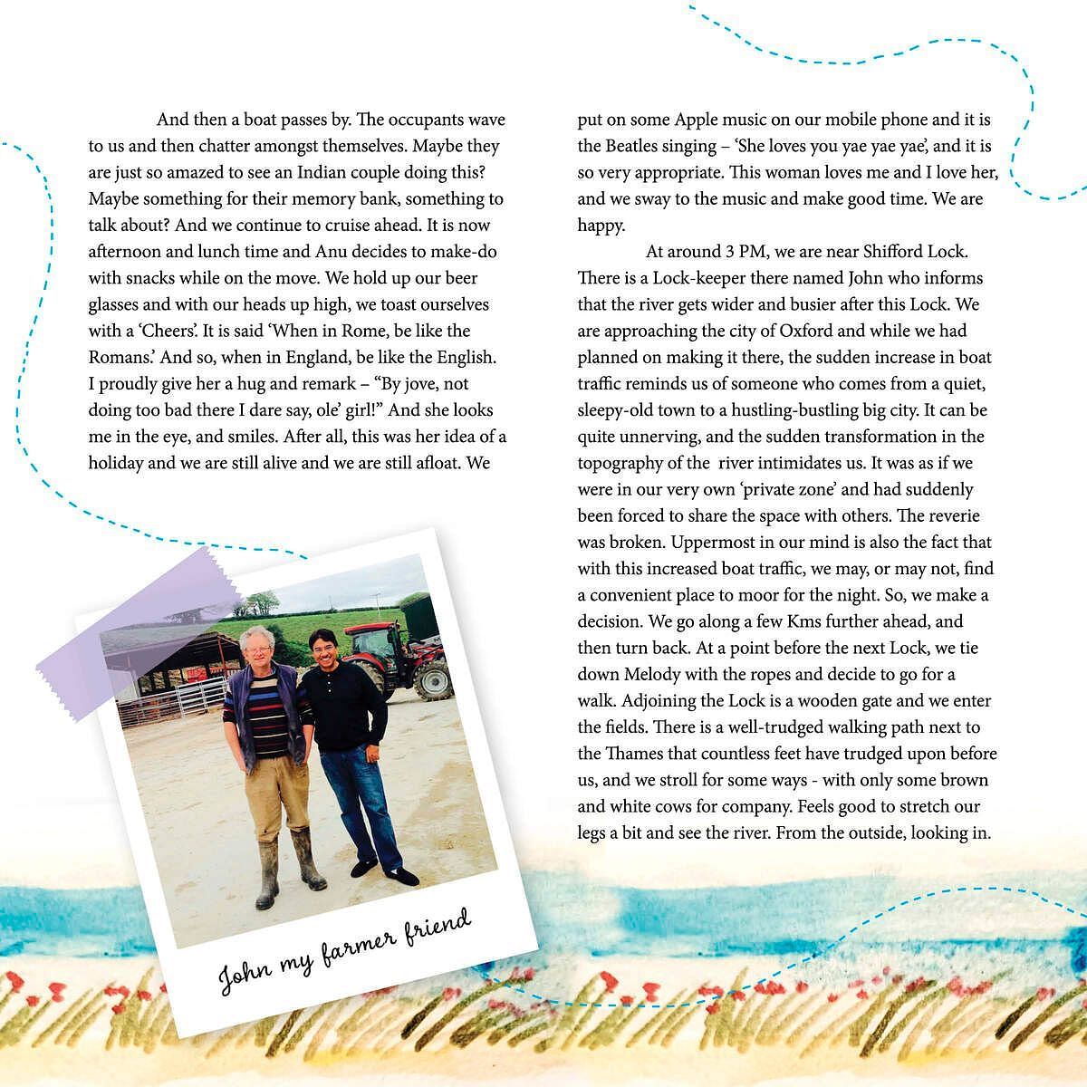 Two person standing in front of a tractor and the article reads about a boat trip in England.