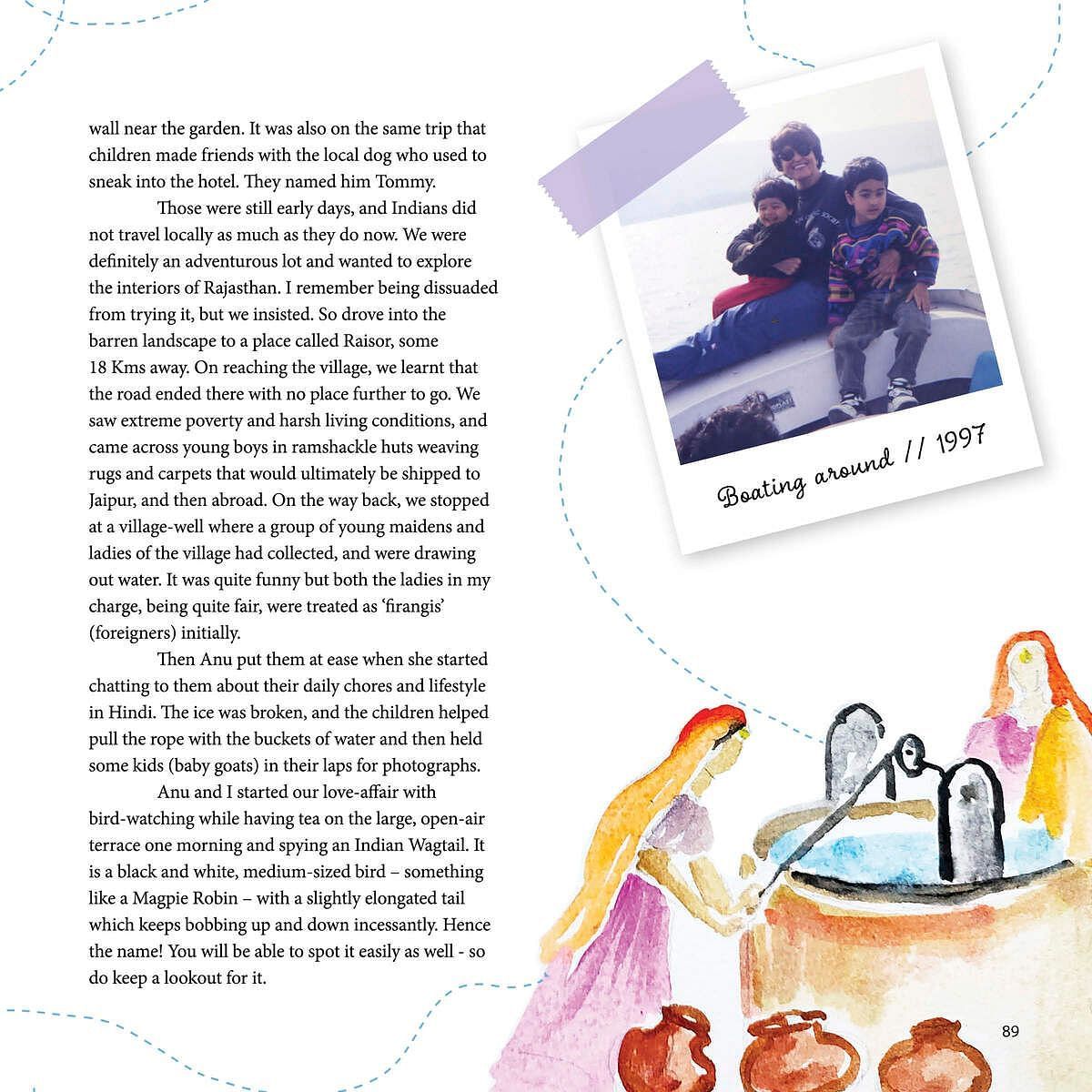 Watercolour painting of women drawing water from well and a depiction of a family enjoying a boat ride.