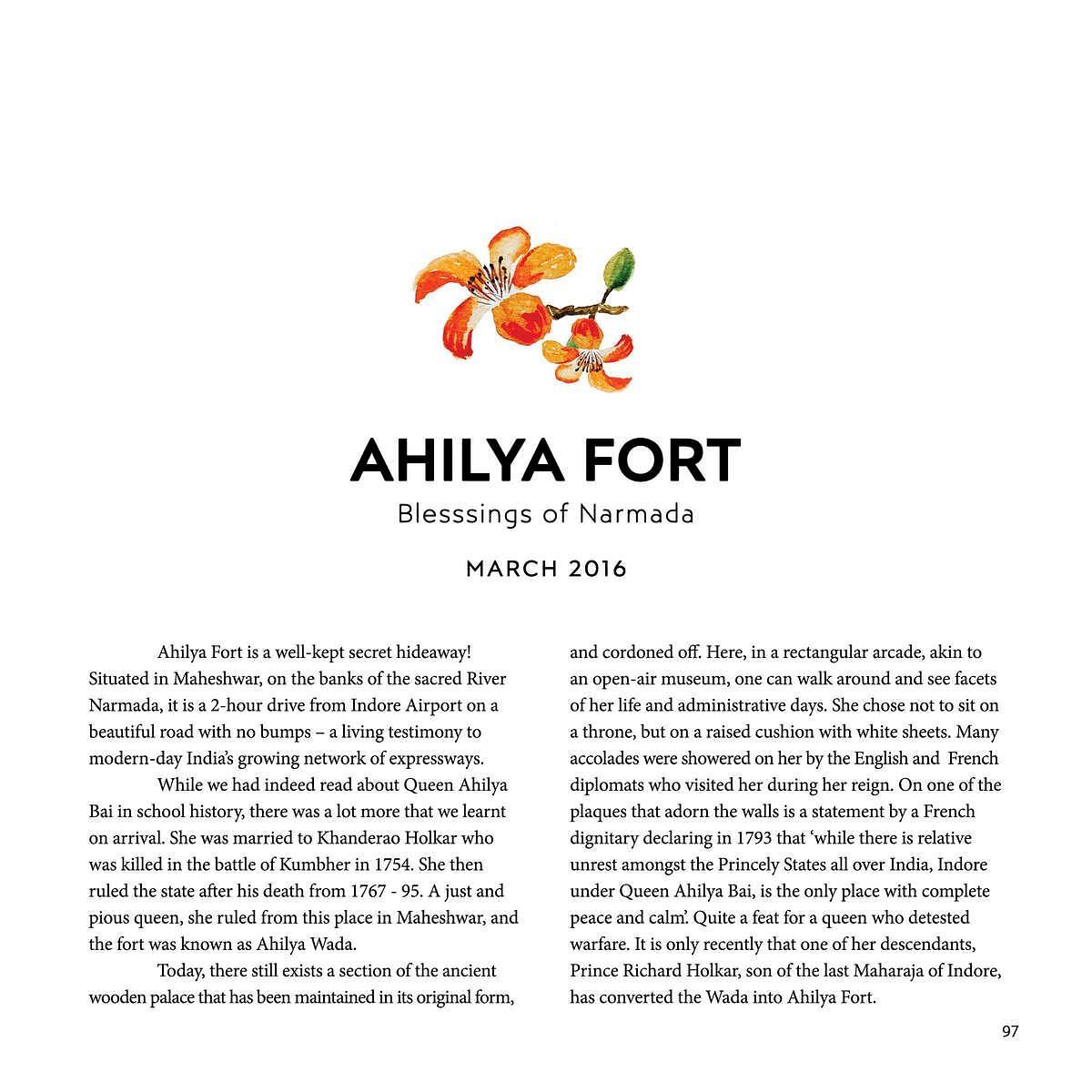 Title page of a travel journal entry on Ahilya Fort in Maheshwar, Madhya Pradesh, with floral illustration and text about its history.