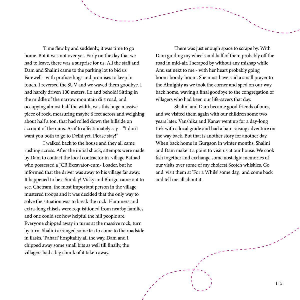 Text page from a travel memoir describing a farewell, a blocked road due to a rockfall, and local villagers helping clear the way in a mountain village.