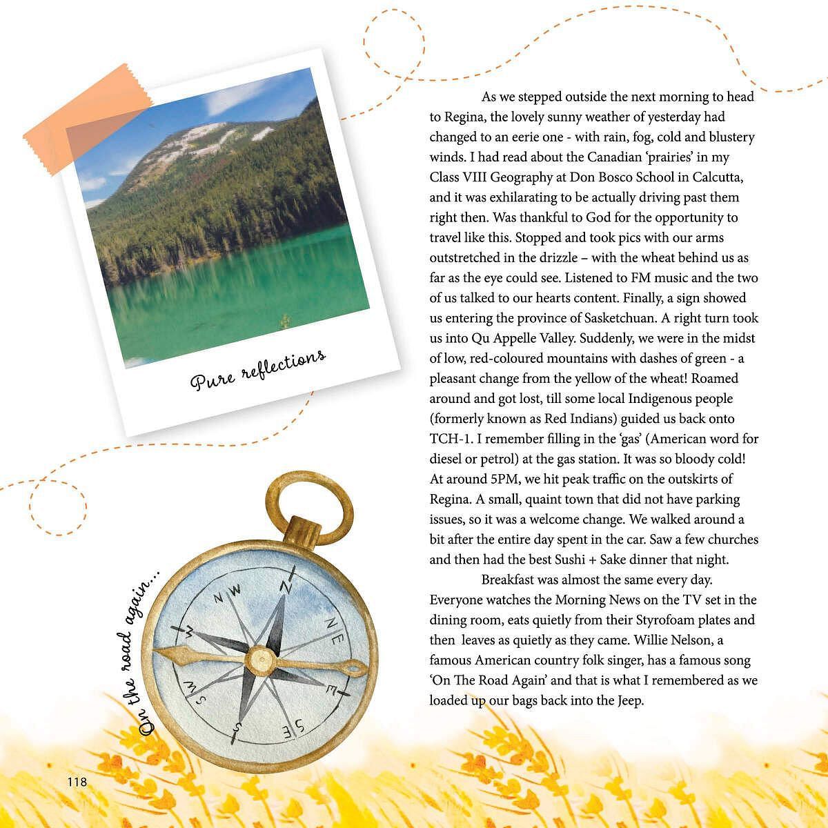 Magazine page featuring a mountain photo, compass illustration, and travel write-up, part of the content at Karma Chalets.
