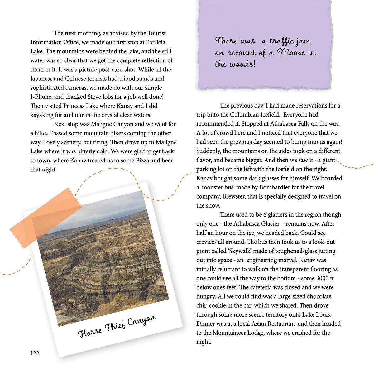 Magazine spread with a desert landscape photo and article, part of reading material available at Karma Chalets.
