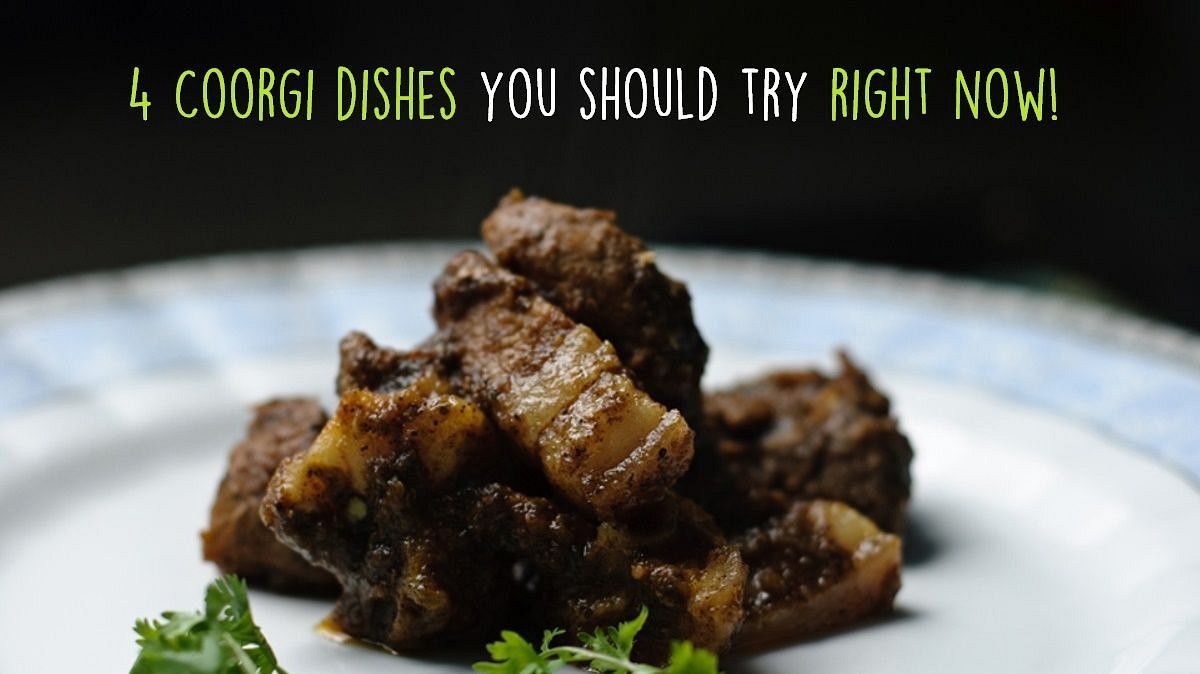 Plate of cooked meat with parsley garnish, titled '4 Coorgi Dishes, Amanvana Resort and Spa, restaurants in Coorg
