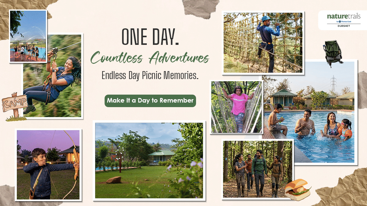 Promotional collage for Nature Trails Durshet showing zip-lining, rope climbing, swimming, group outdoor activities, picnic items, and text One Day Countless Adventures Endless Day Picnic Memories tagline.