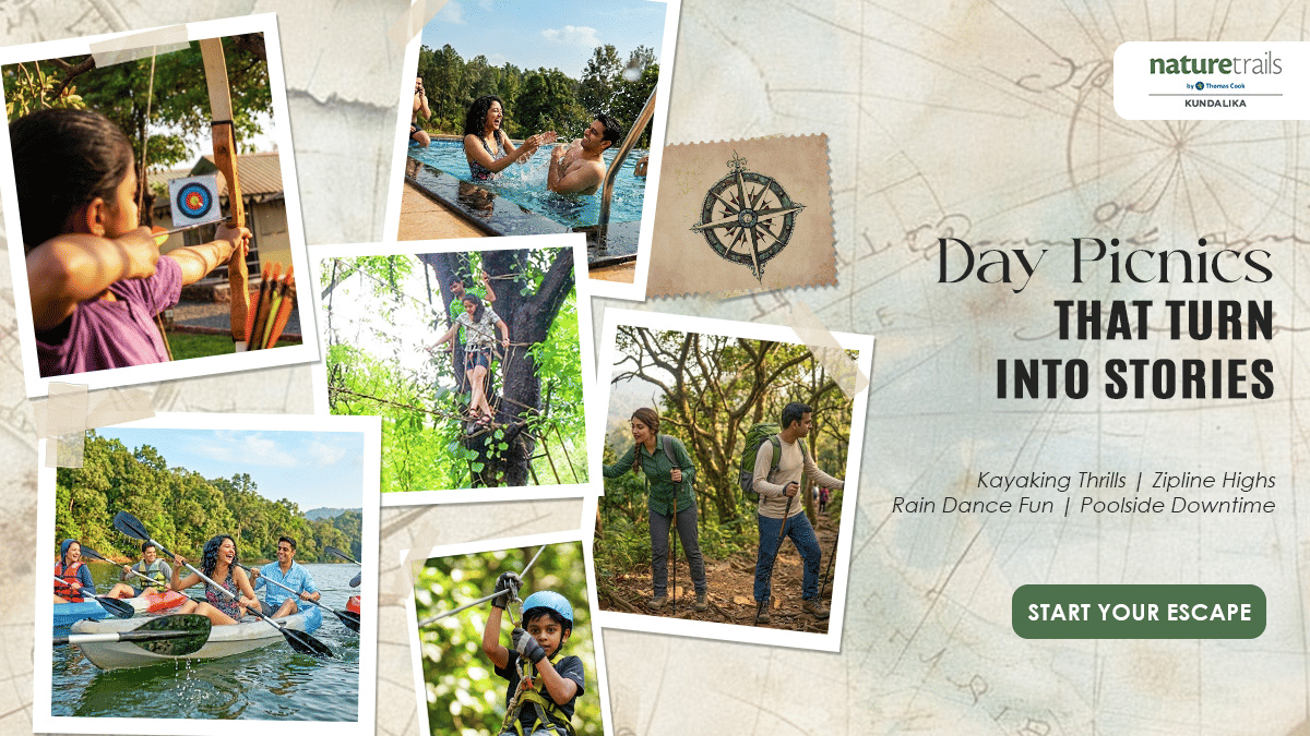 Promotional collage for Nature Trails Kundalika showing kayaking, hiking, and forest exploration, with text about adventure trails, hikes, rainforest excursions, and tagline Day Picnics That Turn Into Stories.