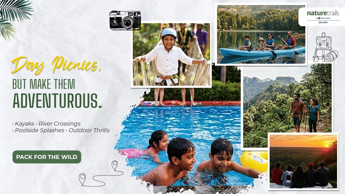 Promotional poster for outdoor adventure activities showing kayaking, river crossing, rappelling, swimming, scenic hills and sunset, with text highlighting day picnics and Nature Walks logo.