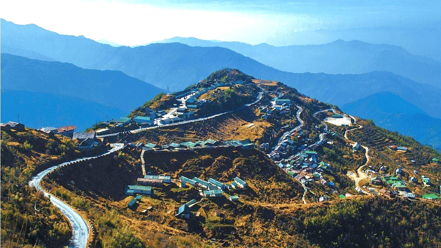 Aerial view of Zuluk village nestled among the Himalayan hills in East Sikkim, with winding roads and layered blue mountain ranges in the background.