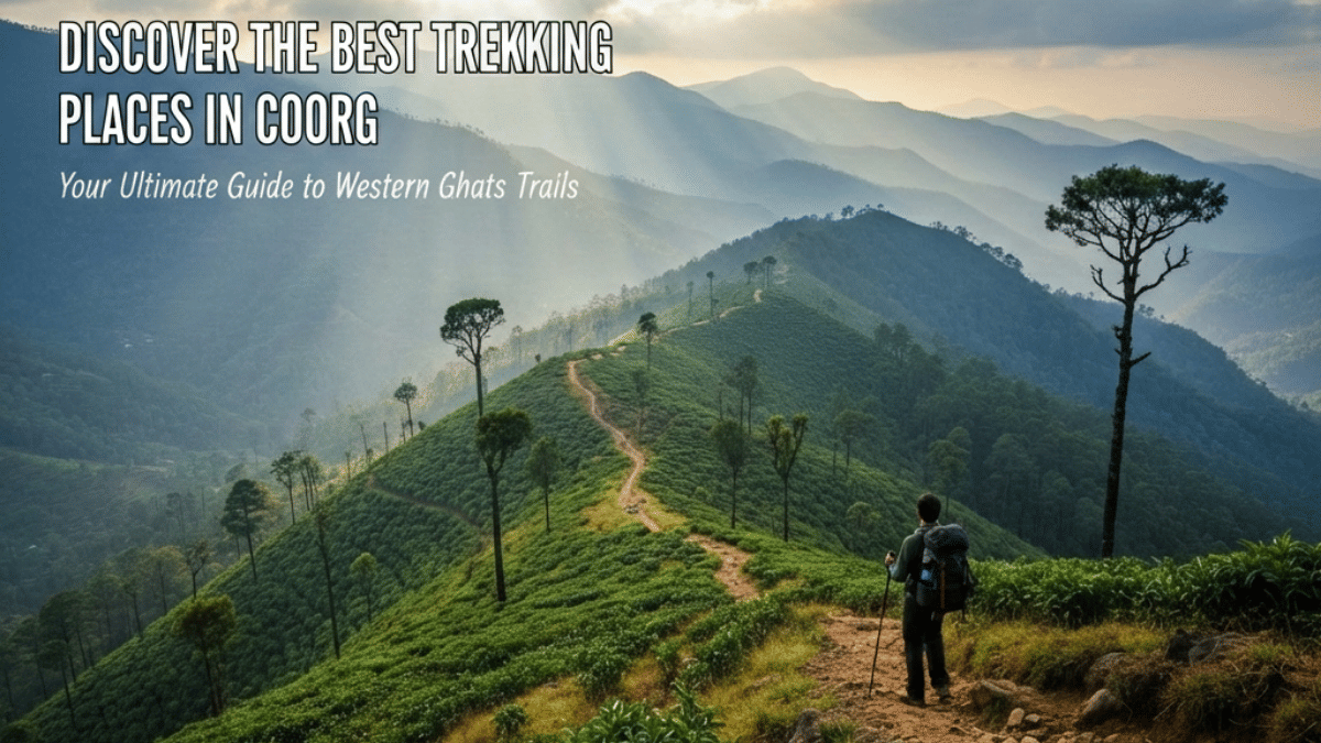 Panoramic trekking trail in Coorg showing a lone hiker on a forest-lined ridge with layered Western Ghats views