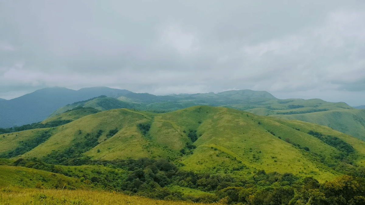 Wide view of Coorg’s rolling hills and grasslands under overcast skies, highlighting the region’s open trekking landscapes.