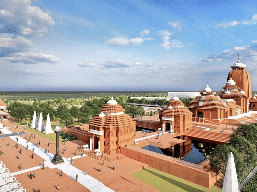 Aerial view of Jagannath Dham at Digha featuring the reddish-brown temple structures, surrounding water reflection in pools, and paved walkways.