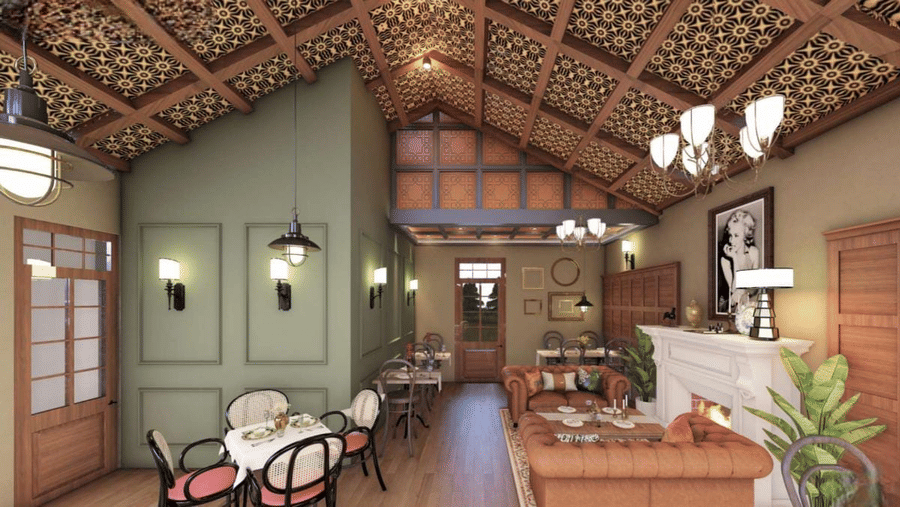 Cosy dining space featuring a high, textured ceiling, sage green accent walls, and a white fireplace at BluSalzz Terrah Hills Resort, Dalhousie.