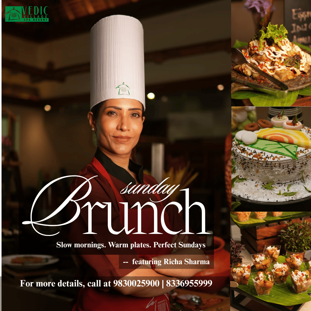 Sunday Brunch promotion poster featuring a chef Richa Sharma in a tall white hat with a lavish buffet spread of festive dishes.