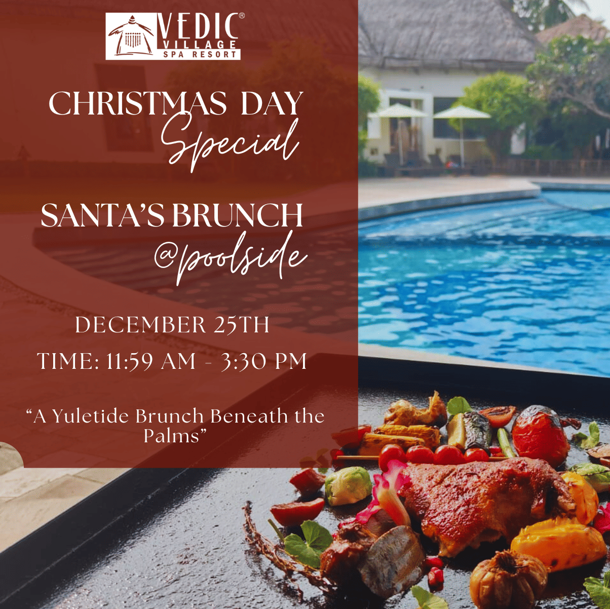 Christmas day brunch promotion by the poolside with a close-up of a plate and event information on a red background.
