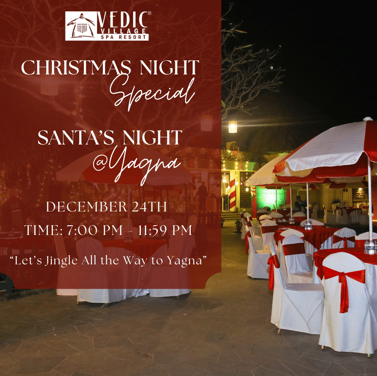 Christmas night special dinner setup at a resort lawn with red-and-white decorated tables and a canopy, alongside event details on a red panel.