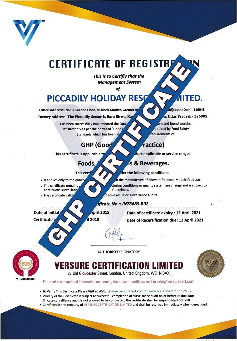 GHP Certificate piccadily lucknow