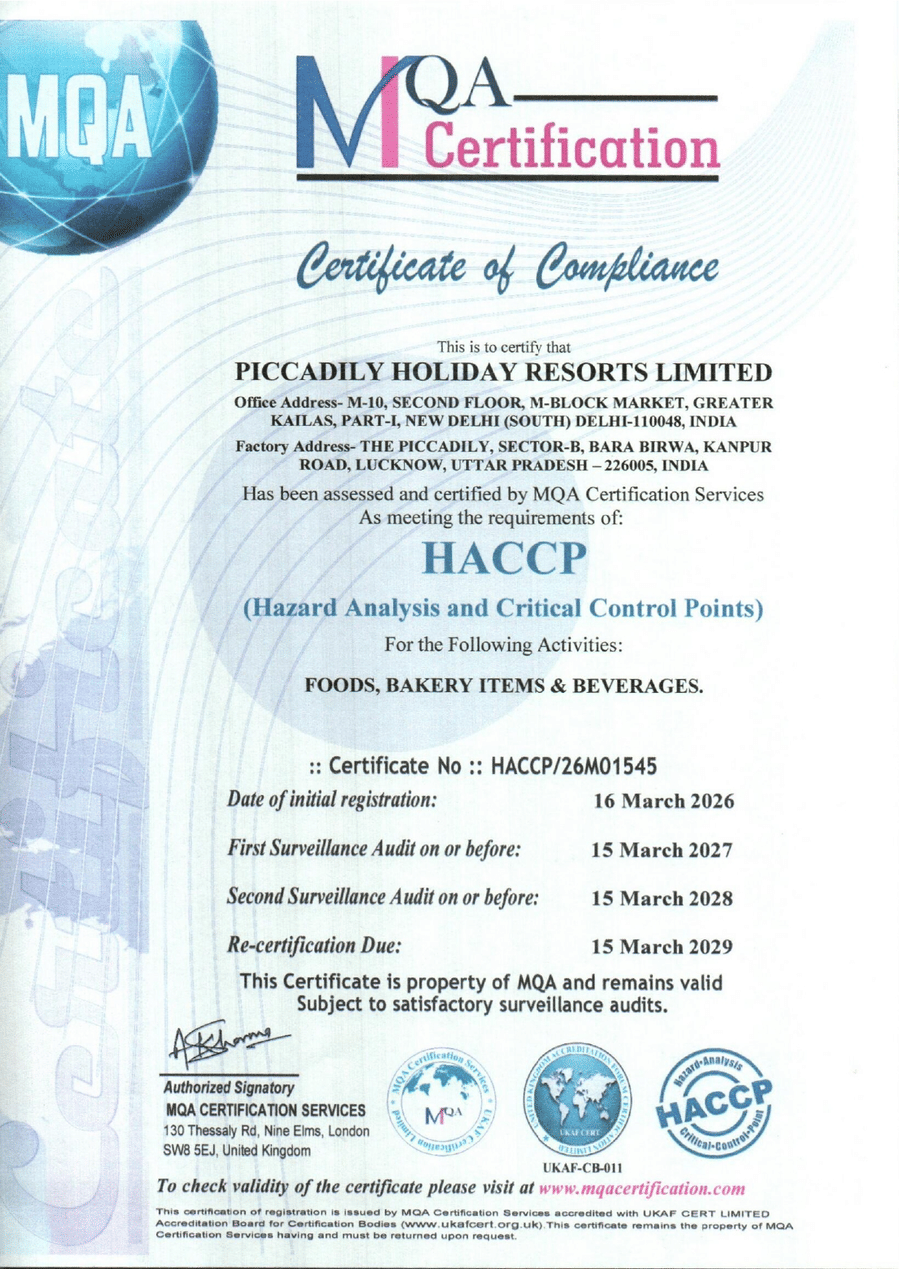 HACCP certification certificate displayed by Piccadily Hotels & Resorts.