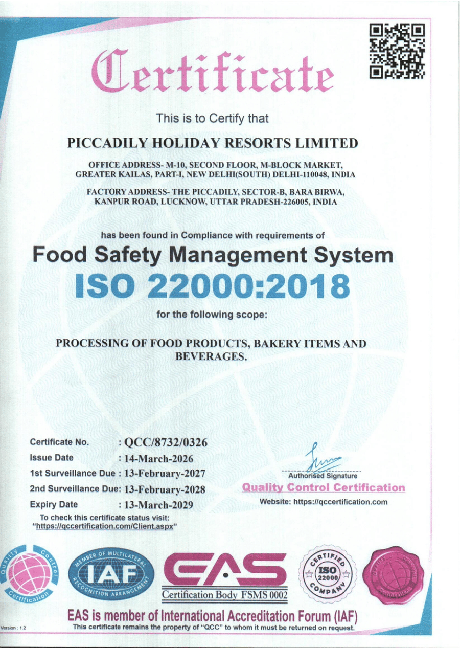 ISO 22000:2018 Food Safety Management System certificate awarded to Piccadily Hotels & Resorts.