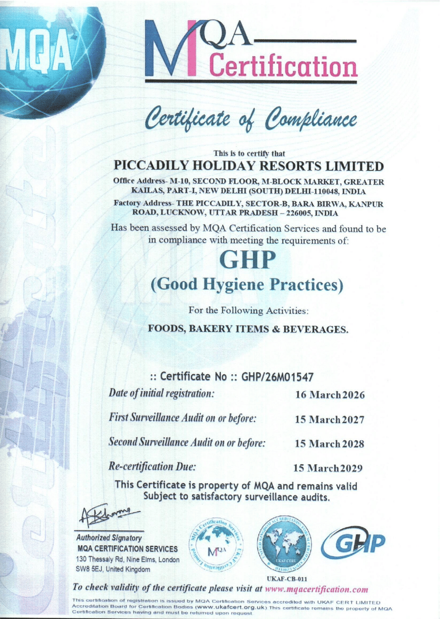 GHP certification certificate displayed by Piccadily Hotels & Resorts.