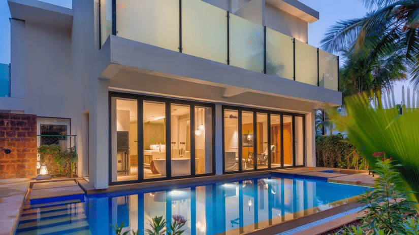 Luxury villas in South Goa with private pool at Azaya Beach Resort Goa, featuring modern architecture.
