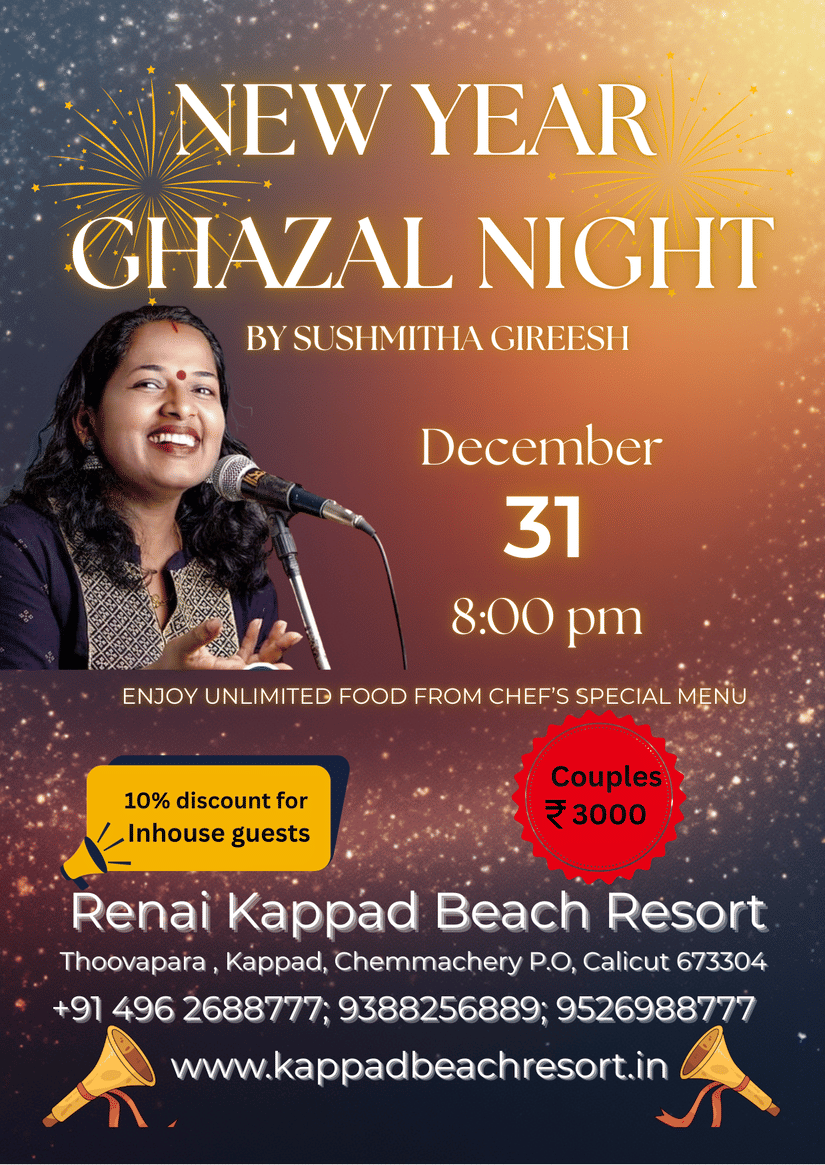 Promotional banner for Renai Kappad Beach Resort's New Year Ghazal Night event on December 31st at 8:00 PM, featuring live music and a festive, glittering background.