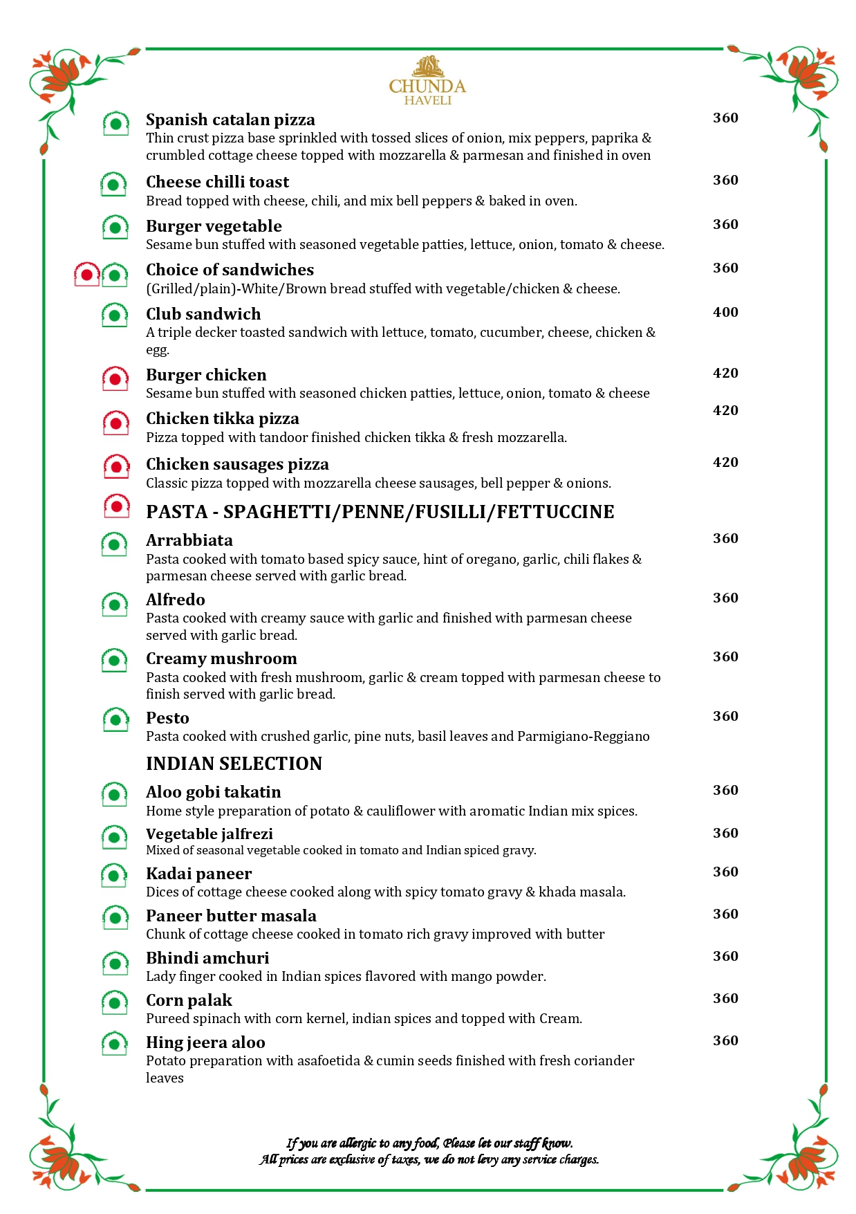 The third page of in-house restaurant menu at Chunda Haveli with veg and non-veg options.