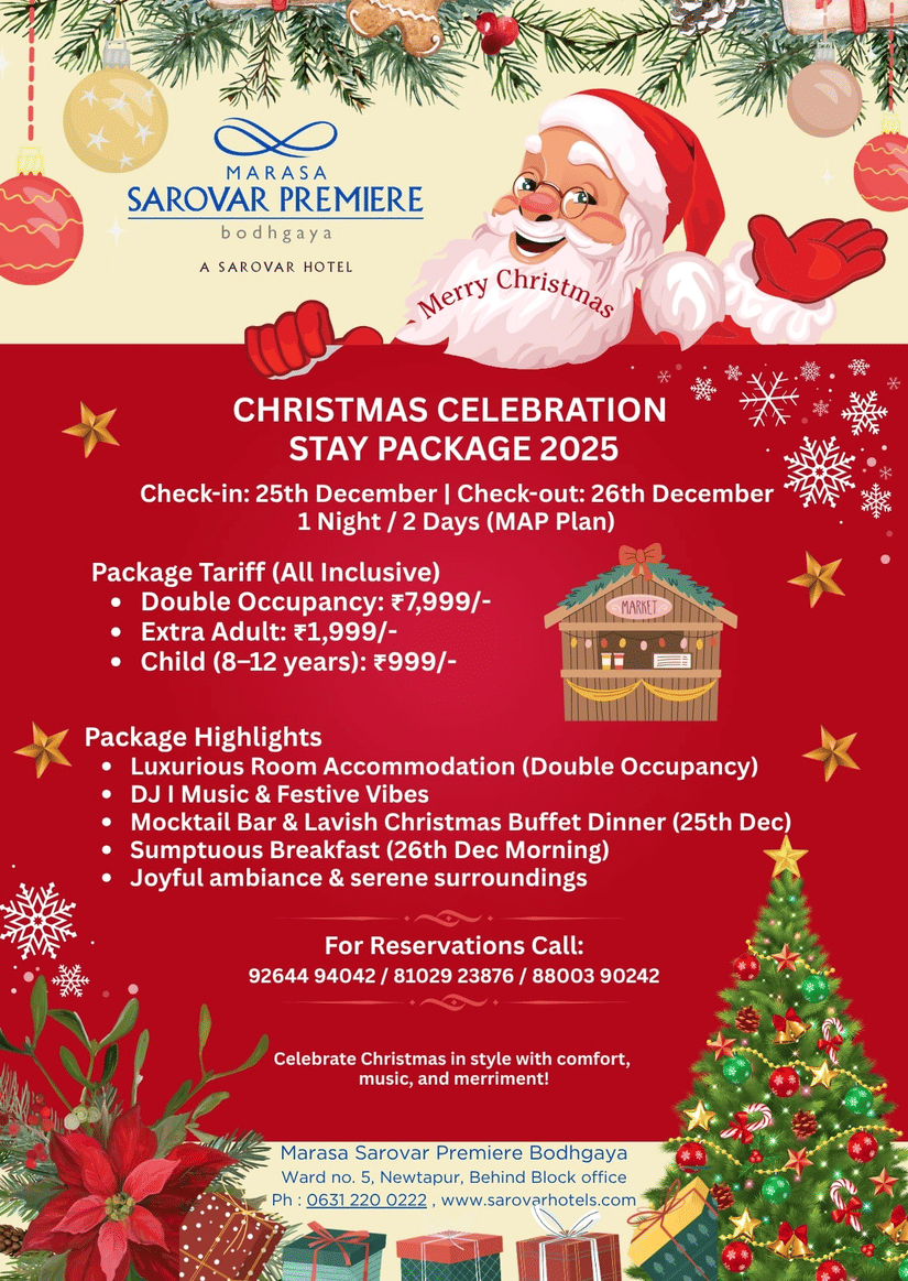 Enjoy christmas at Marasa Sarovar Premiere, Bodhgaya offering 1 Night and 2 Days Package. It includes deals on double occupancy, DJ music, lavish Christmas buffer dinner, and much more.