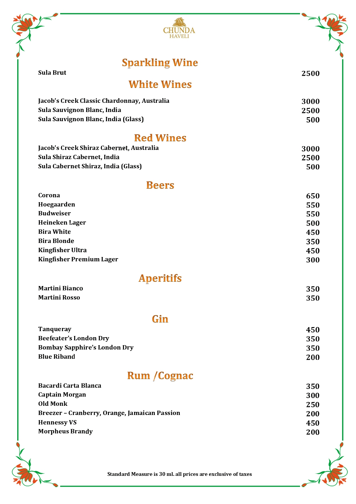 The first page of wine and bar menu with sparkling wine, white and red wines, beers, spirits, and prices at Chunda Haveli.