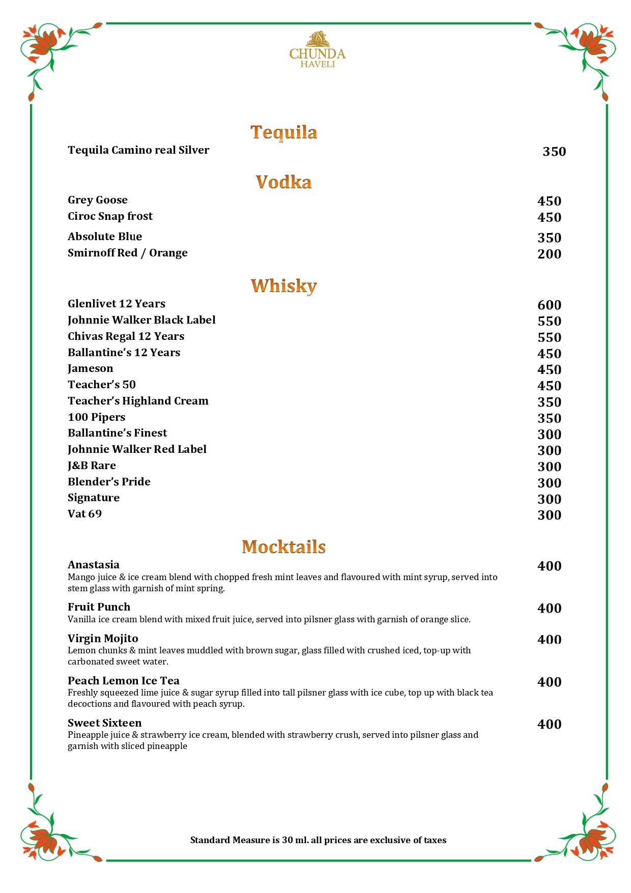 The second page of wine and bar menu with sparkling wine, white and red wines, beers, spirits, and prices at Chunda Haveli.