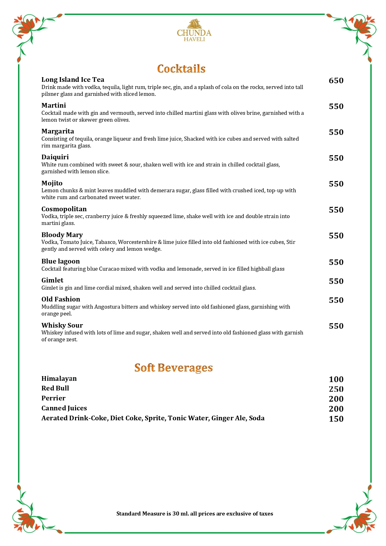 The third page of wine and bar menu with sparkling wine, white and red wines, beers, spirits, and prices at Chunda Haveli.