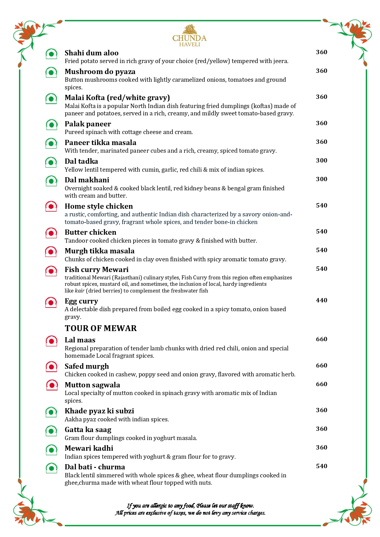 The fourth page of in-house restaurant menu at Chunda Haveli with veg and non-veg options.