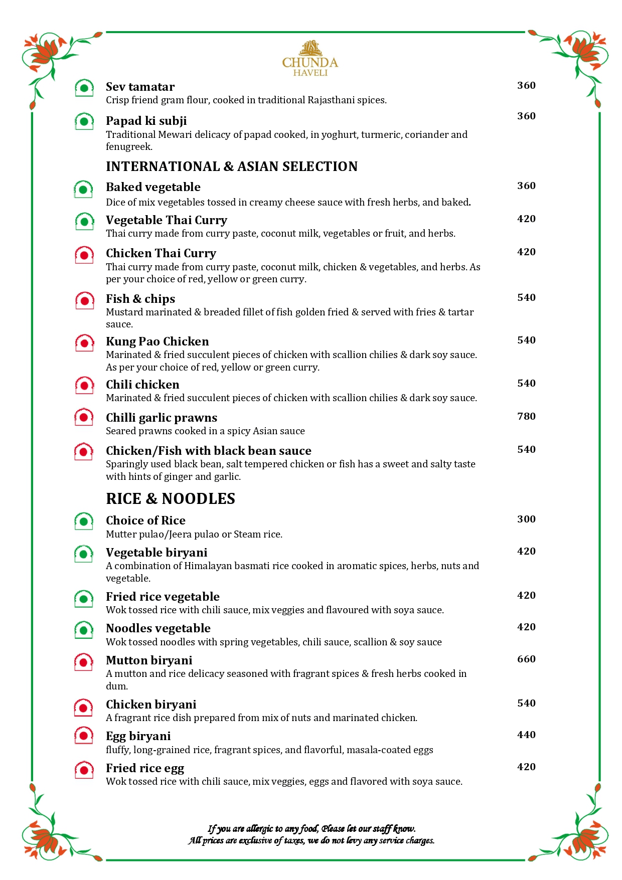 The fifth page of in-house restaurant menu at Chunda Haveli with veg and non-veg options.