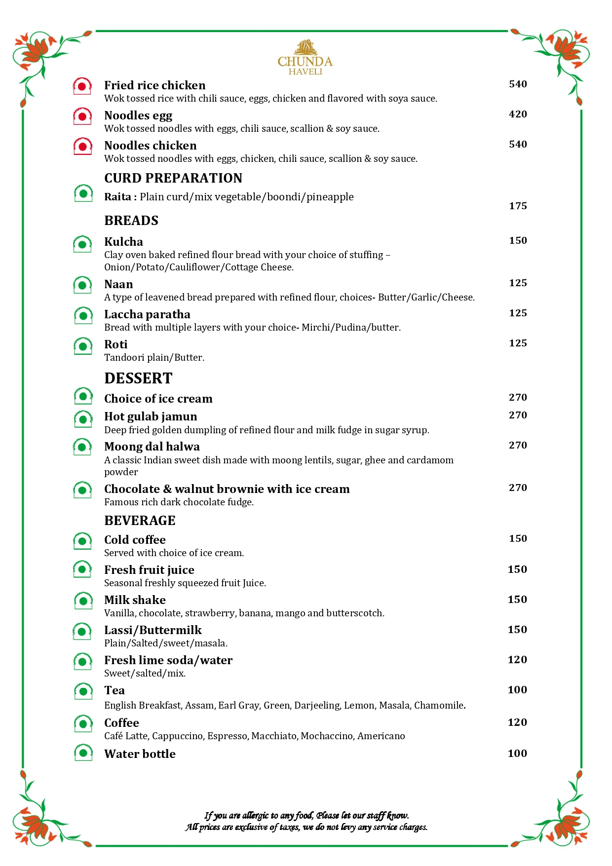 The sixth page of in-house restaurant menu at Chunda Haveli with veg and non-veg options.