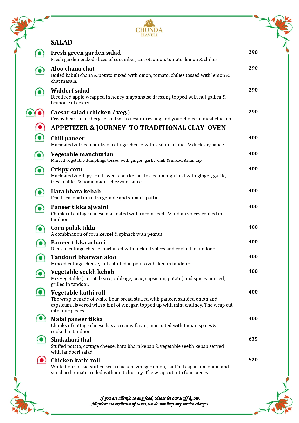 The first page of in-house restaurant menu at Chunda Haveli with veg and non-veg options.