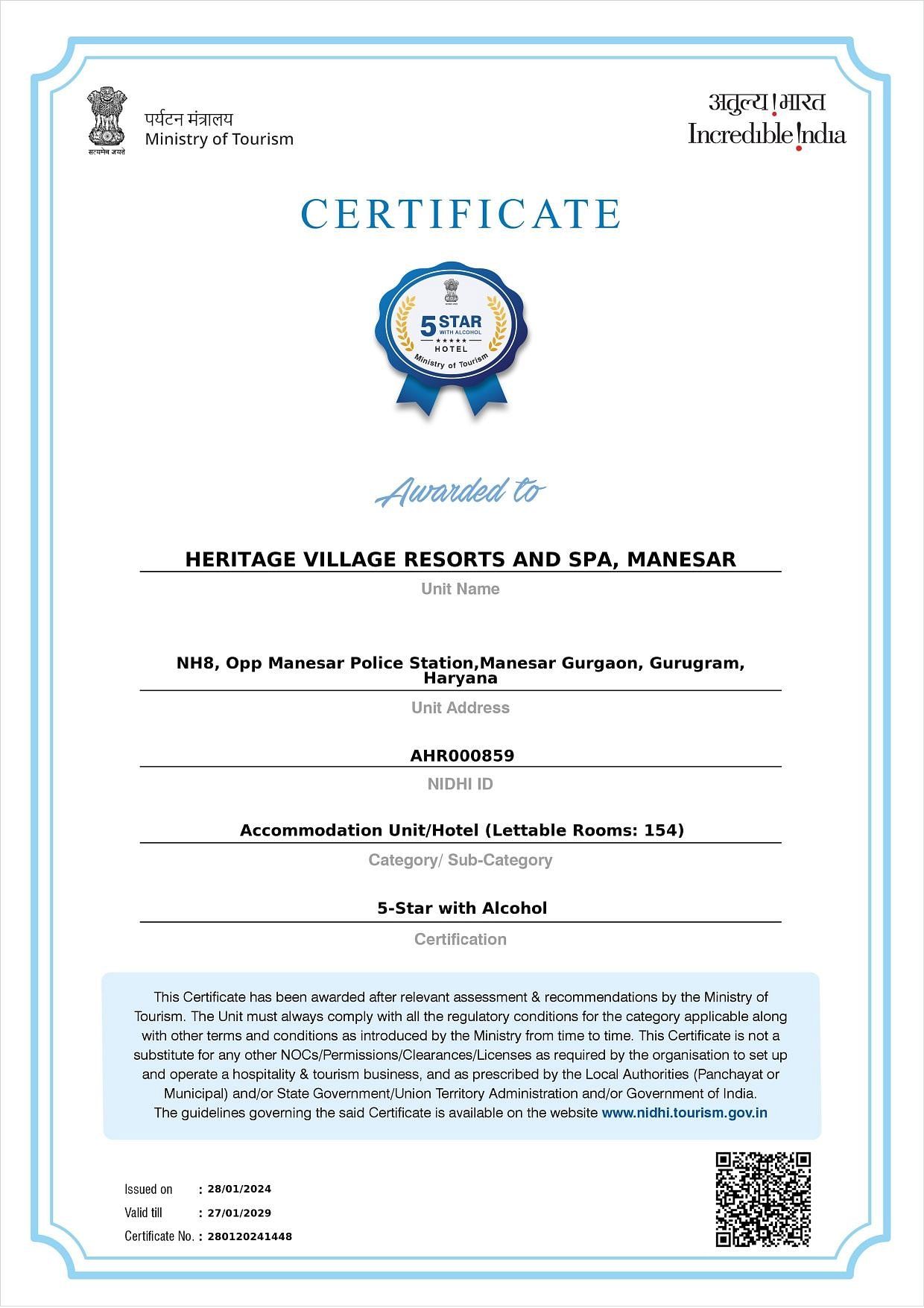 The Certificate of 5 star classification for Heritage Village Resorts & Spa, Manesar