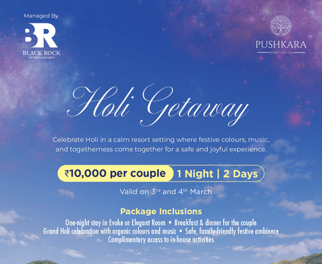A promotional banner for a Holi Getaway at Pushkara Resort and Spa showcasing a hillside resort complex with landscaped gardens and a central building as festive powder rises above the property with text highlighting a one night two day Holi package valid 