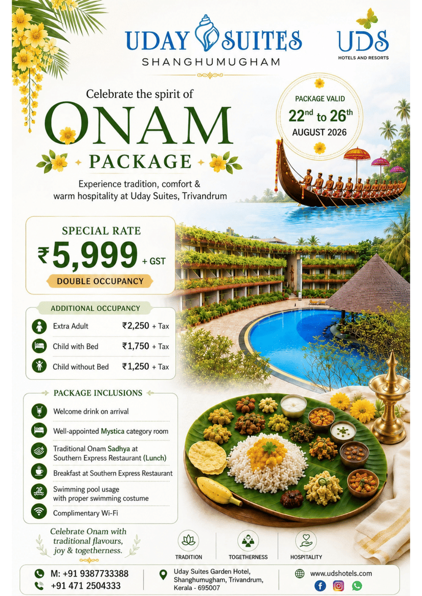 A promotional poster for Onam package featuring Uday Suites, Trivandrum, with a traditional Onam Sadya, resort pool, Kerala boat and package details.